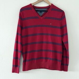 Tommy Hilfiger 100% Cotton V-Neck Sweater Sz M Pullover Red/Blue Striped Preppy